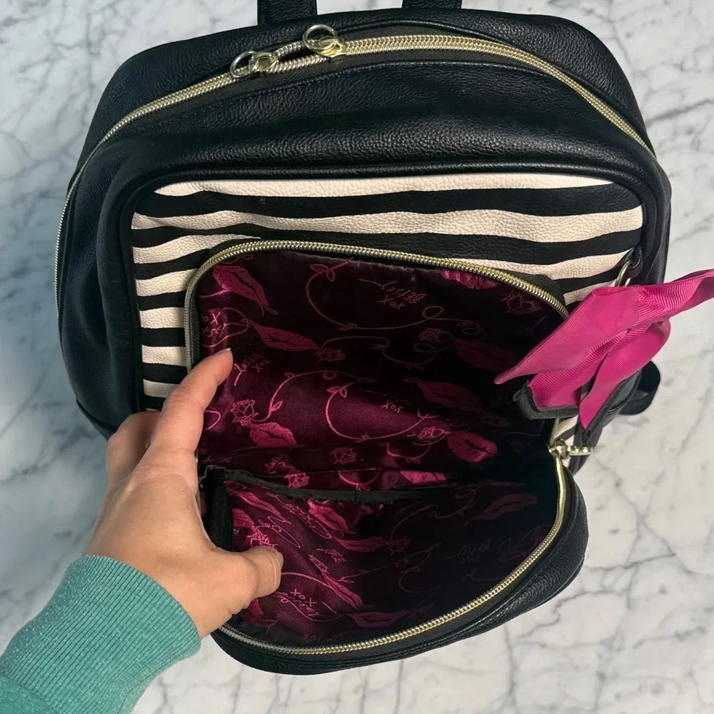 Betsey Johnson Black & White Bow Faux Leather Striped Backpack